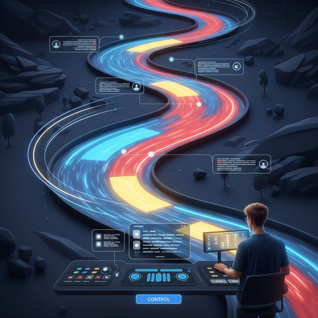 Representação visual de uma máquina do tempo para conteúdo digital, mostrando um fluxo de versões de documentos ou páginas da web em diferentes cores, como um rio luminoso através de uma paisagem futurista. Um usuário controla o fluxo em um console, simbolizando a gestão de revisões e a colaboração em tempo real.